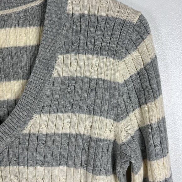 TOMMY HILFIGER Striped V-Neck Cable Knit Cotton Sweater sz M Y2k Preppy Tennis - Picture 2 of 9